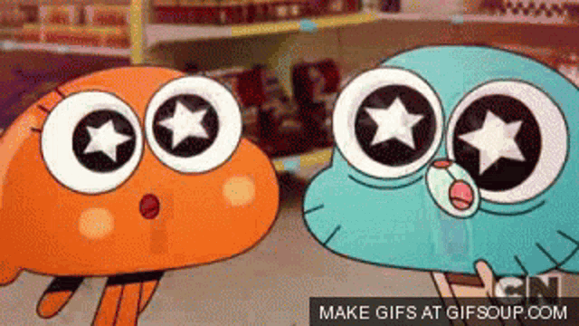 two cartoon characters from the amazing world of gumball are looking at each other