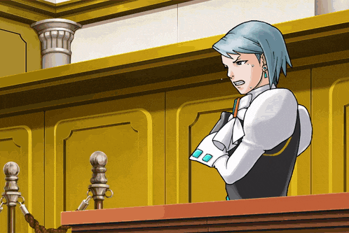 a cartoon character with blue hair stands in front of a microphone