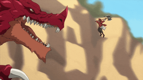 a cartoon of a man holding an axe fighting a dragon