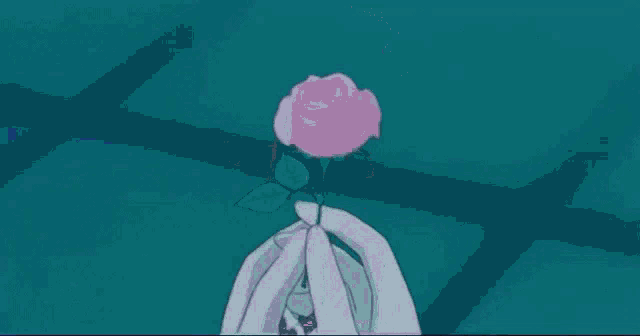 a girl with green hair is holding a pink rose in her hands