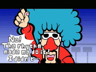 a cartoon character says no the rhythm made me do it i didn t