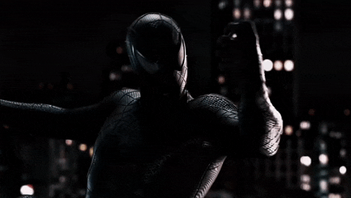 a man in a black spiderman costume stands in front of a city skyline