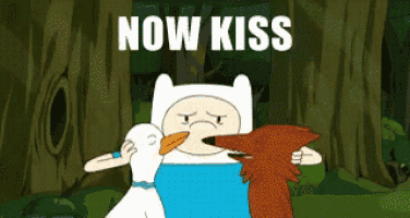 a cartoon character with a duck on his face and the words now kiss below him