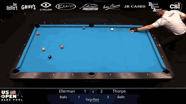 a pool table with the us open bank pool championship on the screen