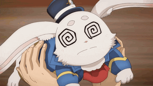 a cartoon rabbit with a top hat on has a swirl around its eyes