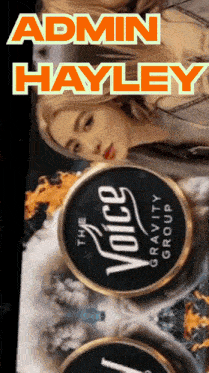 a poster for the voice gravity group with a woman in the background