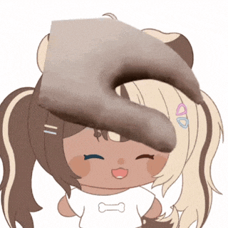 a cartoon girl with a dog 's paw on her head