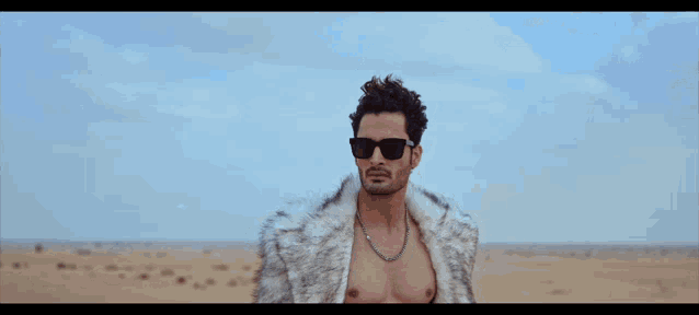 a shirtless man wearing sunglasses and a fur coat stands in the desert