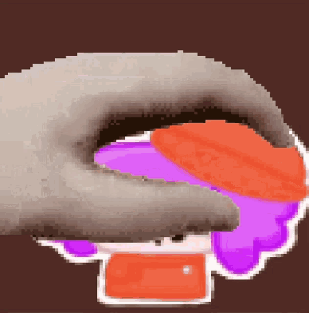 a pixel art of a hand holding a mushroom with purple and orange liquid coming out of it .