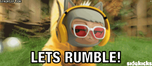 a cartoon cat wearing headphones and sunglasses says let 's rumble