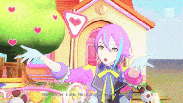 a cartoon girl with pink hair and a heart on her head