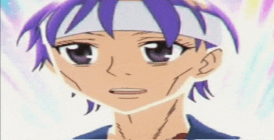 a cartoon character with purple hair and a bandage on his head