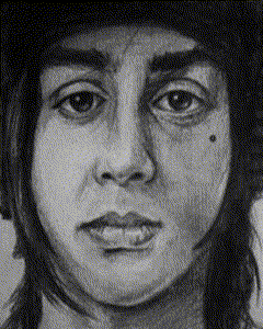 a black and white drawing of a woman 's face with a hat on