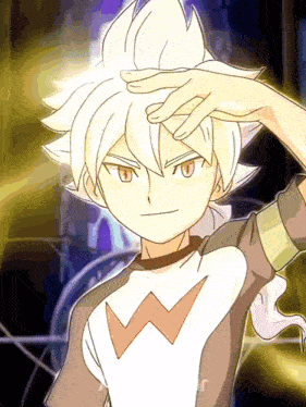 a boy with white hair and a w on his shirt