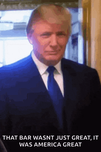 donald trump is wearing a suit and tie and says that bar wasn 't just great , it was america great .