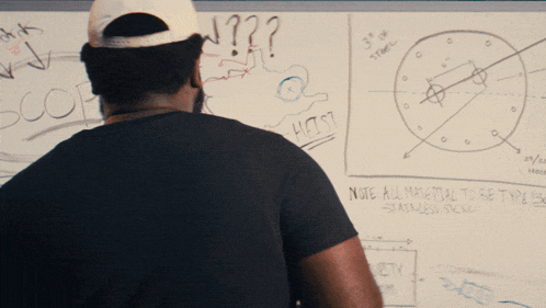 a man stands in front of a white board with drawings on it including one that says ' scope '