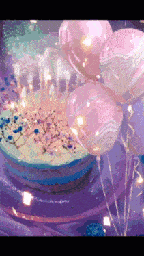 a birthday cake with candles and pink balloons surrounding it