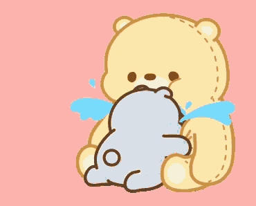 a teddy bear with a blue scarf around its neck is hugging another teddy bear on a pink background
