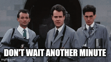 three men in suits and ties are standing next to each other with a caption that says " don 't wait another minute "