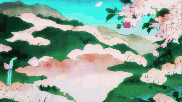 a painting of a landscape with mountains and trees