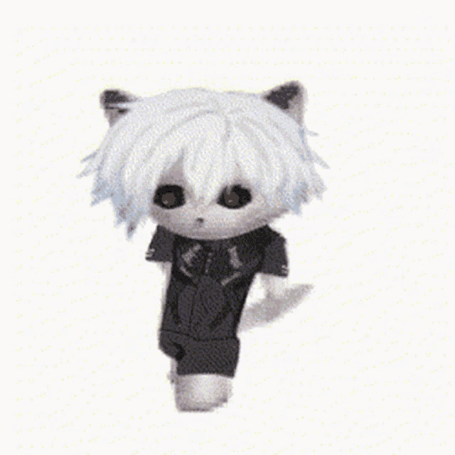 a stuffed animal with white hair and black ears is standing on a white background .