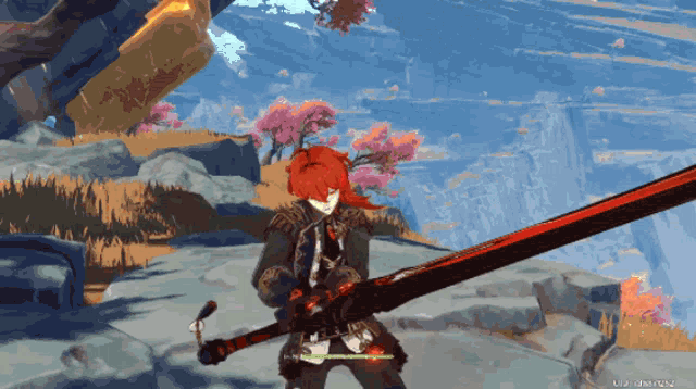 a video game character is holding a large sword
