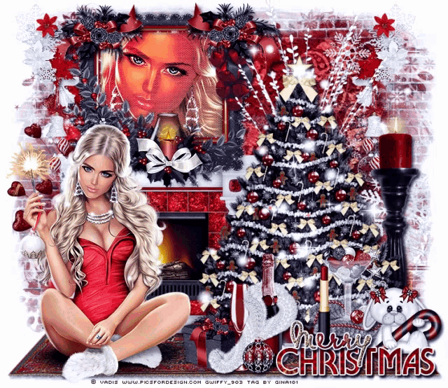 a woman in a red dress sits in front of a christmas tree and a fireplace