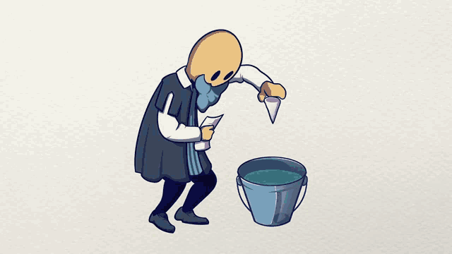 a cartoon drawing of galileo galilei standing next to a bucket