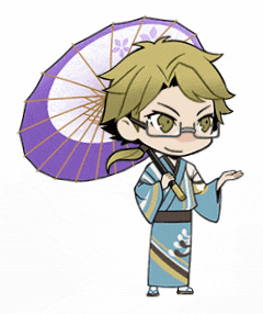 a cartoon character in a blue kimono holding a purple umbrella