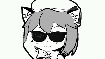 a black and white drawing of a girl with cat ears wearing sunglasses and a hat .