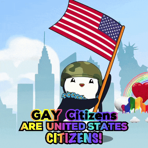 a cartoon of a penguin holding an american flag with the words gay citizens are united states citizens below it