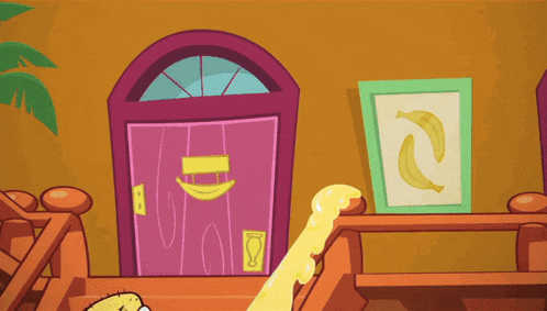 a pink door with a banana on it and a picture of bananas on the wall