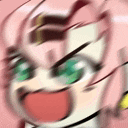 a close up of a cartoon character with pink hair and green eyes .
