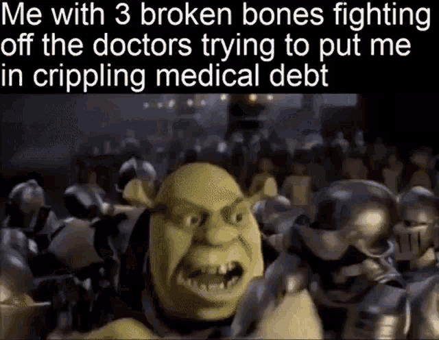 shrek is fighting off the doctors trying to put him in crippling medical debt in a meme .