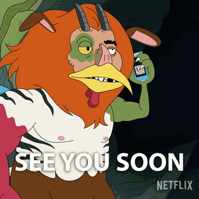 a cartoon character holding a cell phone with the words " see you soon " below him