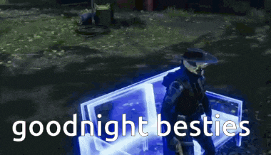 a video game character is sitting on a couch with the words goodnight besties written on it