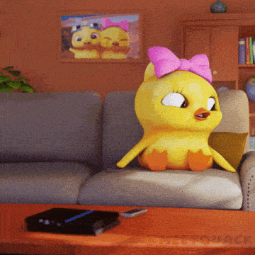 a cartoon duck with a pink bow sits on a couch in a living room