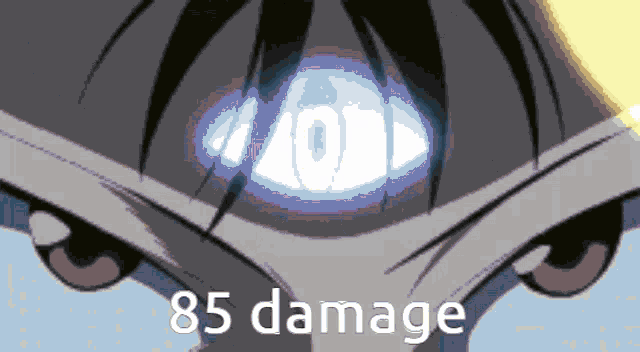 a close up of a person 's eyes with 85 damage written below them