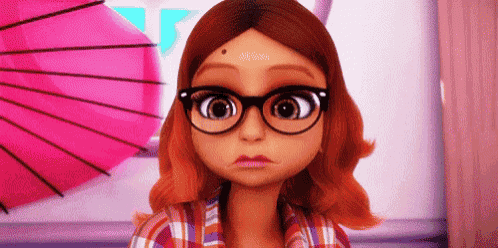 a cartoon girl wearing glasses and a plaid shirt is standing in front of a pink umbrella .