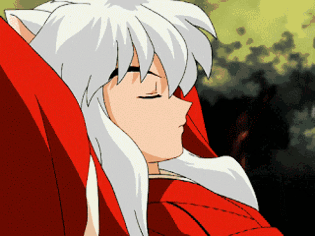 a cartoon character with white hair is sleeping in a red jacket