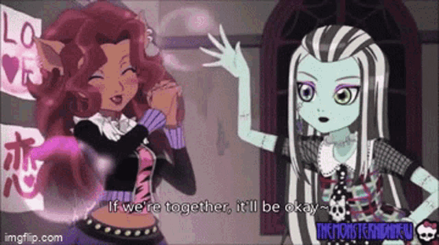 a monster high cartoon shows clawdeen wolf and frankenstein