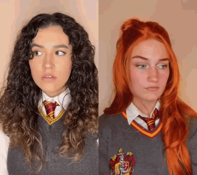 a girl with curly hair is wearing a gryffindor sweater