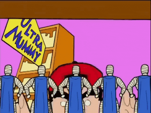 a group of cartoon characters with bandages on their faces are standing under a sign that says ultra mummy