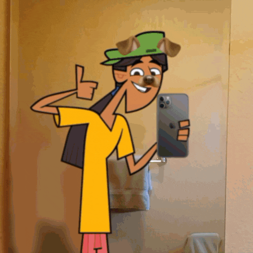 a cartoon character is taking a selfie with a dog filter on his hat