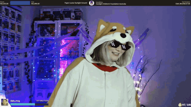 a woman wearing a dog costume and sunglasses is on a screen