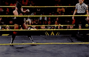 a referee stands behind a wrestling ring watching a wrestler