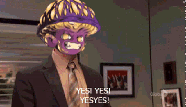 a cartoon character with a purple hat says yes