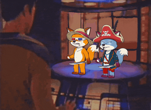 a man is looking at a screen with a cartoon fox and a purple and blue light coming out of it