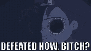 a cartoon of a monster with its mouth open and the words `` defeated now bitch ? ''