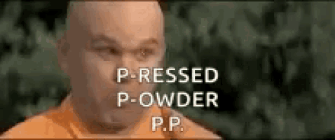 a bald man is standing in front of a sign that says p-reissed p-powder p.p.